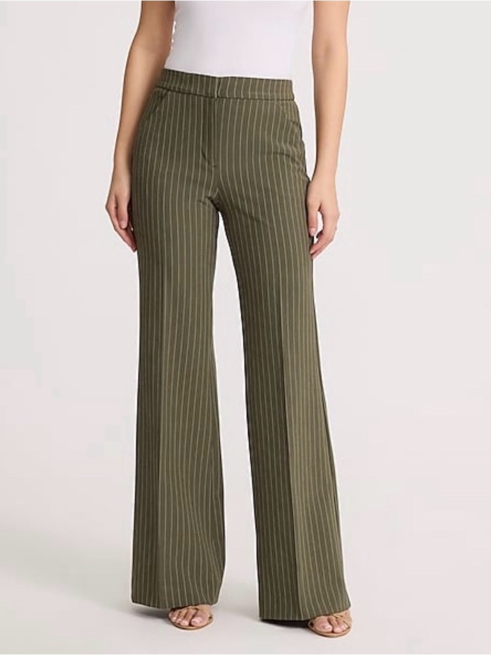 Express Editor Flare Trouser High Rise, Olive Green Pinstripe Wide-Leg Pants, 14